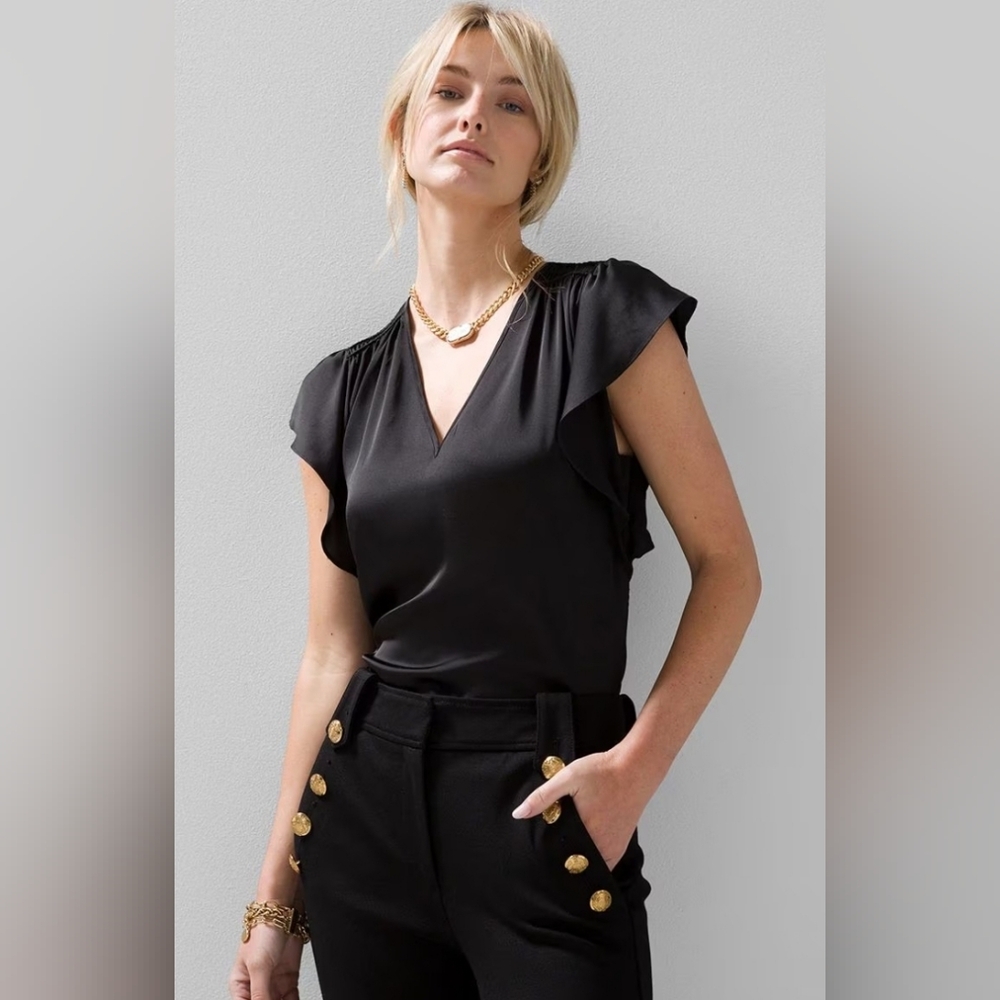 WHBM Black Matte Satin Flutter Sleeve V Neck Blouse Size Large